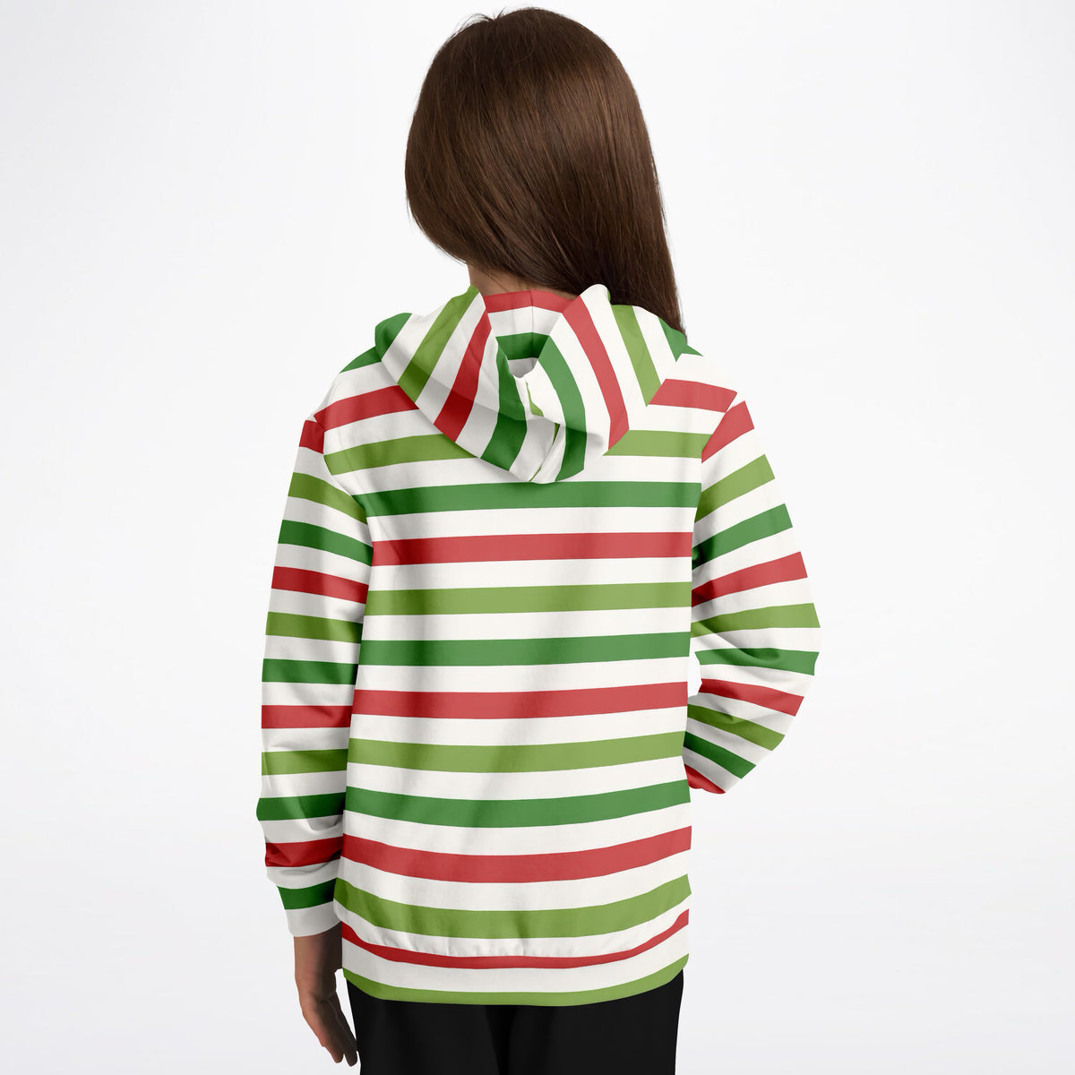 Kids Christmas Red & Green Striped Hoodie – Ultra Comfy & Stretchy, Cozy Fleece or Lightweight Sports Fabric, Double-Layer Hood & Kangaroo Pocket