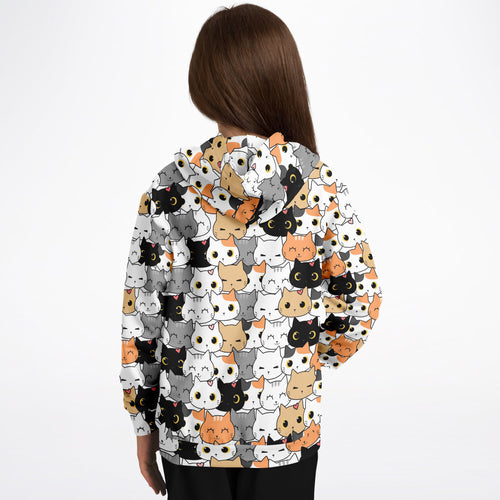 Girls cat face hoodie with colorful cartoon cat pattern made of cozy cotton fleece or lightweight sports fabric