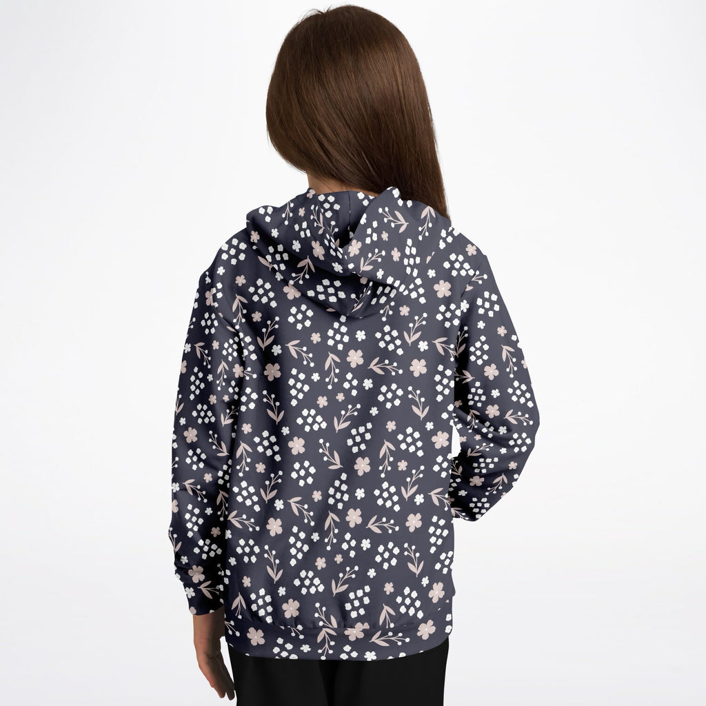 Girls Dark Navy Blue Floral Hoodie – Ultra Comfy & Stretchy, Cozy Fleece or Lightweight Sports Fabric, Double-Layer Hood & Kangaroo Pocket