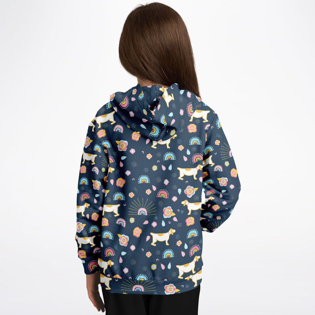 Girls Cute Dogs & Rainbows Hoodie – Ultra Comfy & Stretchy, Cozy Fleece or Lightweight Sports Fabric, Double-Layer Hood & Kangaroo Pocket