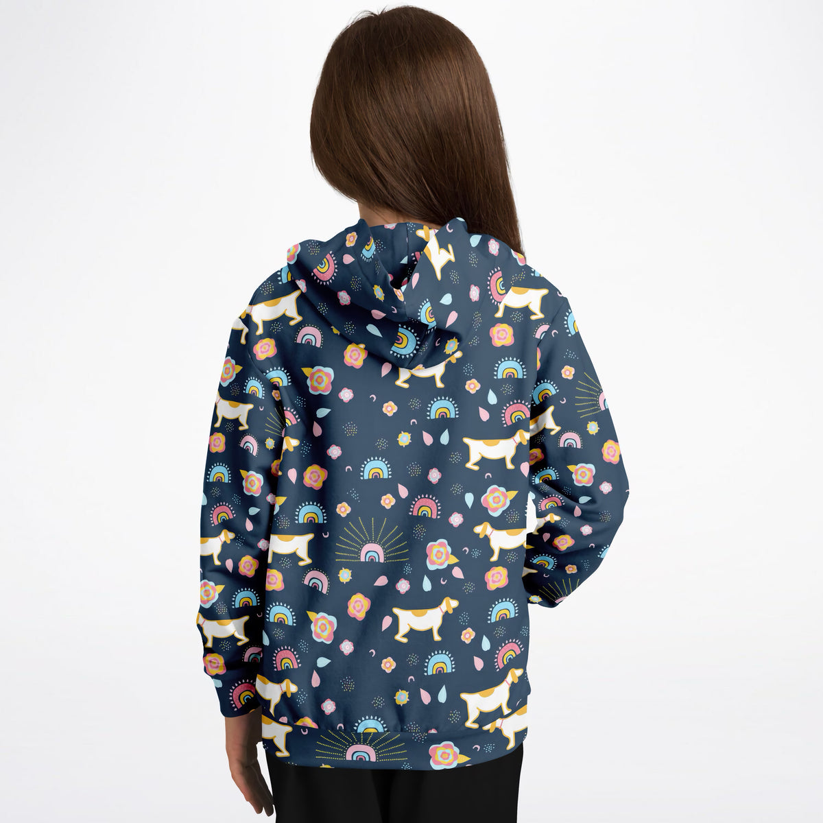 Girls Cute Dogs & Rainbows Hoodie – Ultra Comfy & Stretchy, Cozy Fleece or Lightweight Sports Fabric, Double-Layer Hood & Kangaroo Pocket