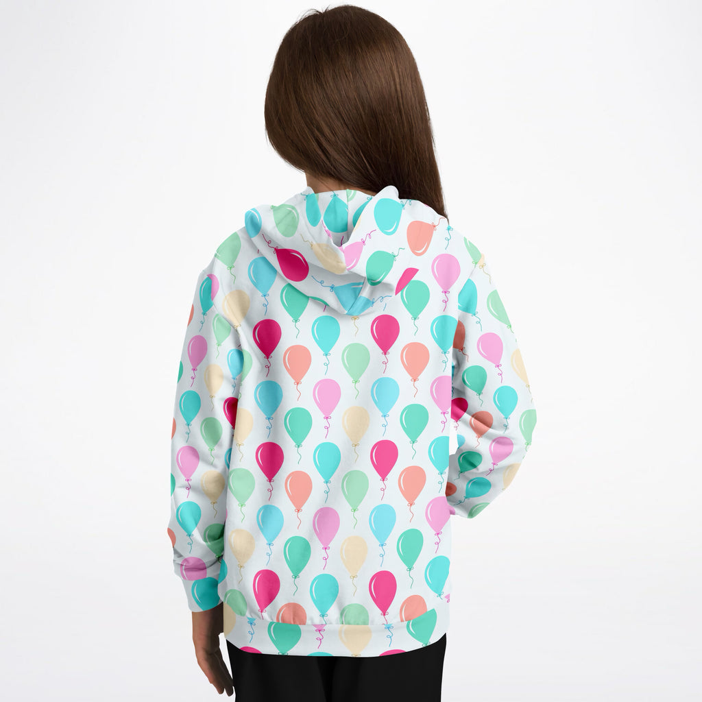 Kids Colorful Birthday Balloons Hoodie – Ultra Comfy & Stretchy, Cozy Fleece or Lightweight Sports Fabric, Double-Layer Hood & Kangaroo Pocket