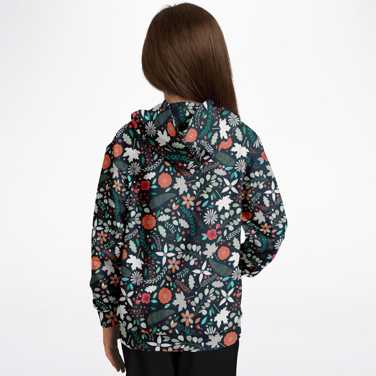 Girls Dark Green Floral Hoodie – Ultra Comfy & Stretchy, Cozy Fleece or Lightweight Sports Fabric, Double-Layer Hood & Kangaroo Pocket