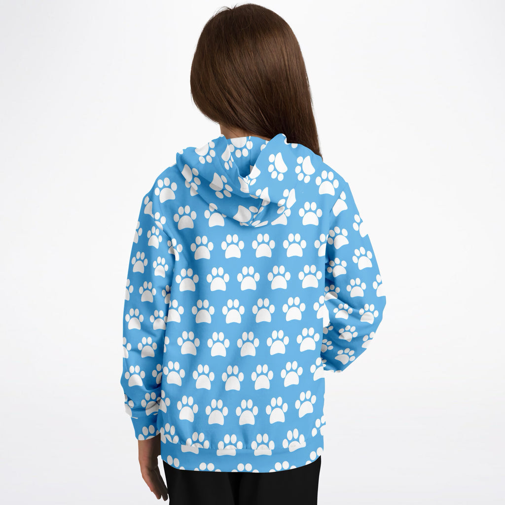 Kids Sky Blue Paw Print Hoodie – Ultra Comfy & Stretchy, Cozy Fleece or Lightweight Sports Fabric, Double-Layer Hood & Kangaroo Pocket