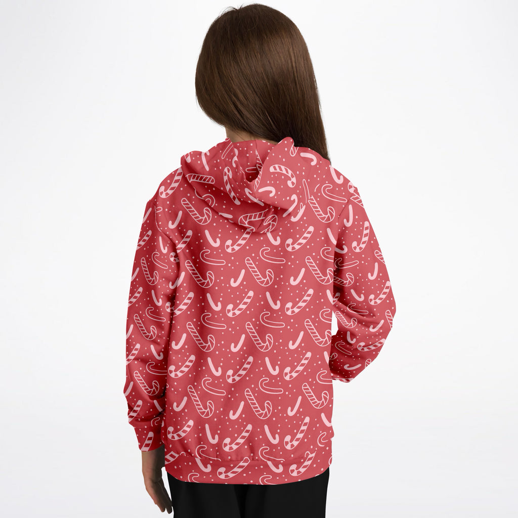 Kids Red Candy Cane Christmas Hoodie – Ultra Comfy & Stretchy, Cozy Fleece or Lightweight Sports Fabric, Double-Layer Hood & Kangaroo Pocket