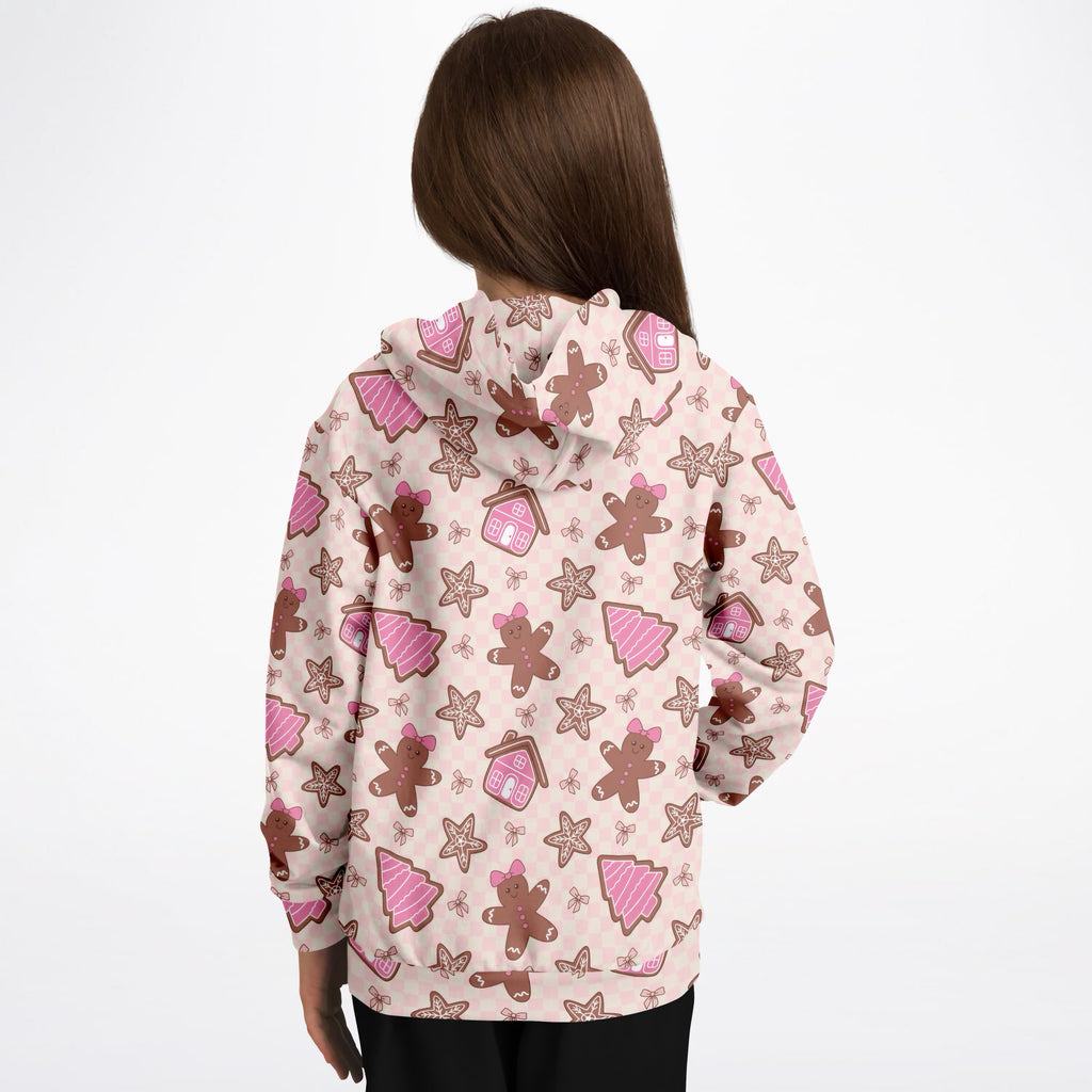Girls Pink Gingerbread Christmas Hoodie – Ultra Comfy & Stretchy, Cozy Fleece or Lightweight Sports Fabric, Double-Layer Hood & Kangaroo Pocket