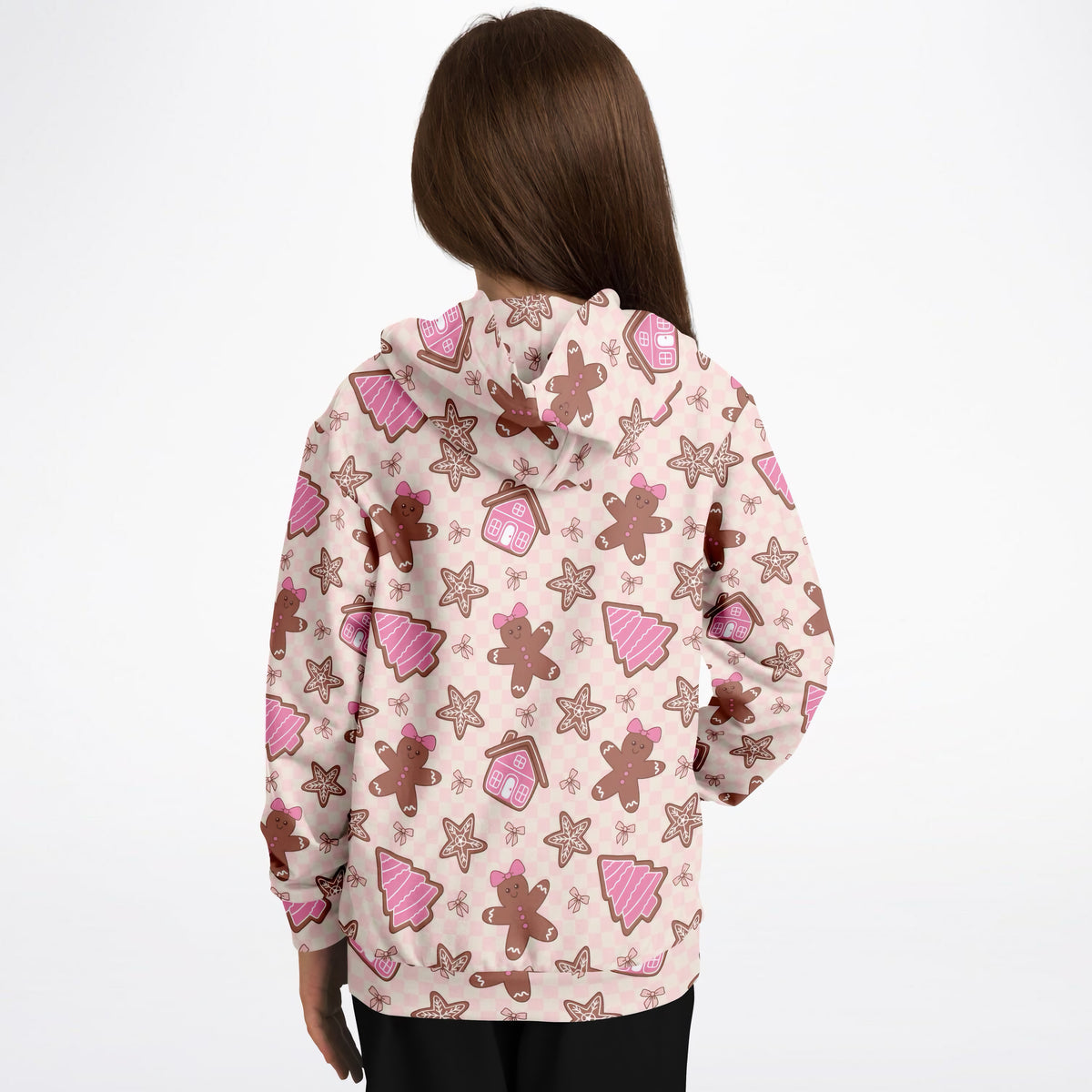Girls Pink Gingerbread Christmas Hoodie – Ultra Comfy & Stretchy, Cozy Fleece or Lightweight Sports Fabric, Double-Layer Hood & Kangaroo Pocket