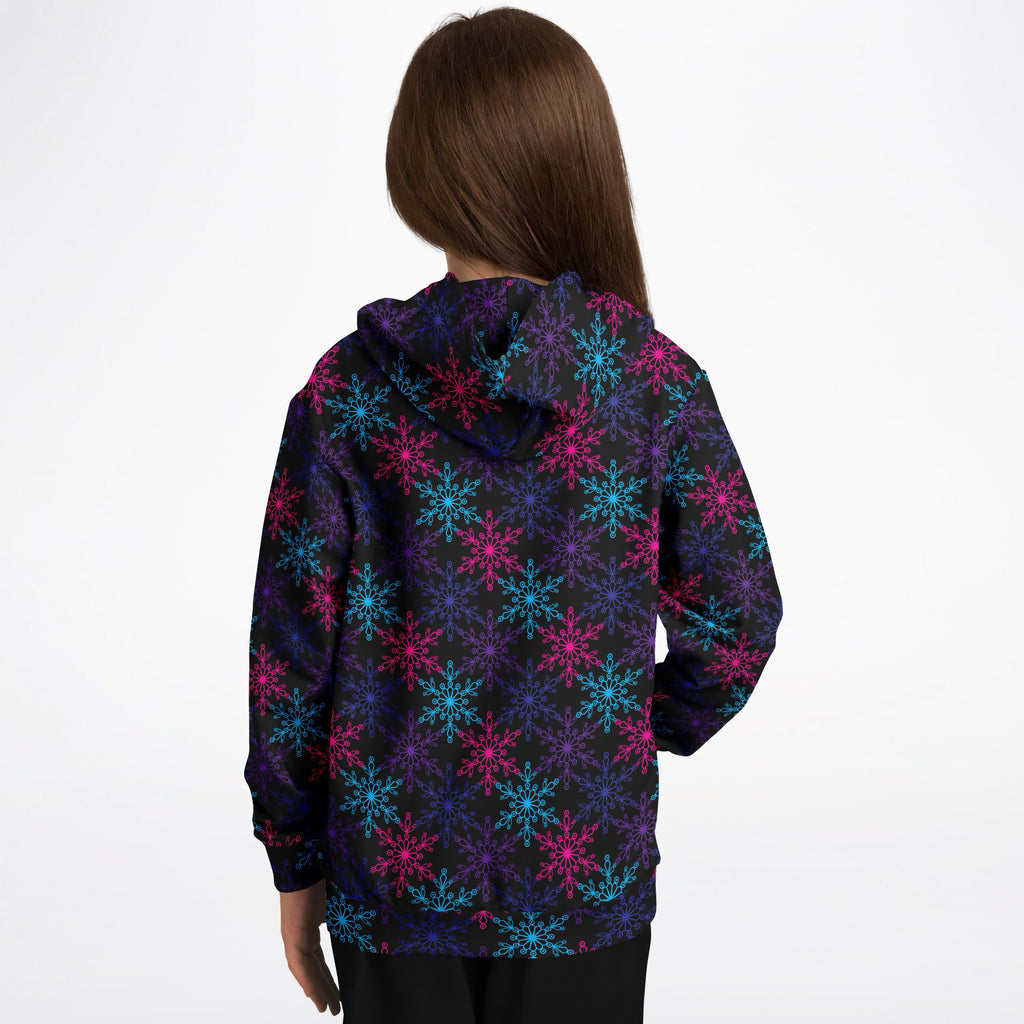 Kids Vibrant Snowflake Christmas Hoodie – Ultra Comfy & Stretchy, Cozy Fleece or Lightweight Sports Fabric, Double-Layer Hood & Kangaroo Pocket