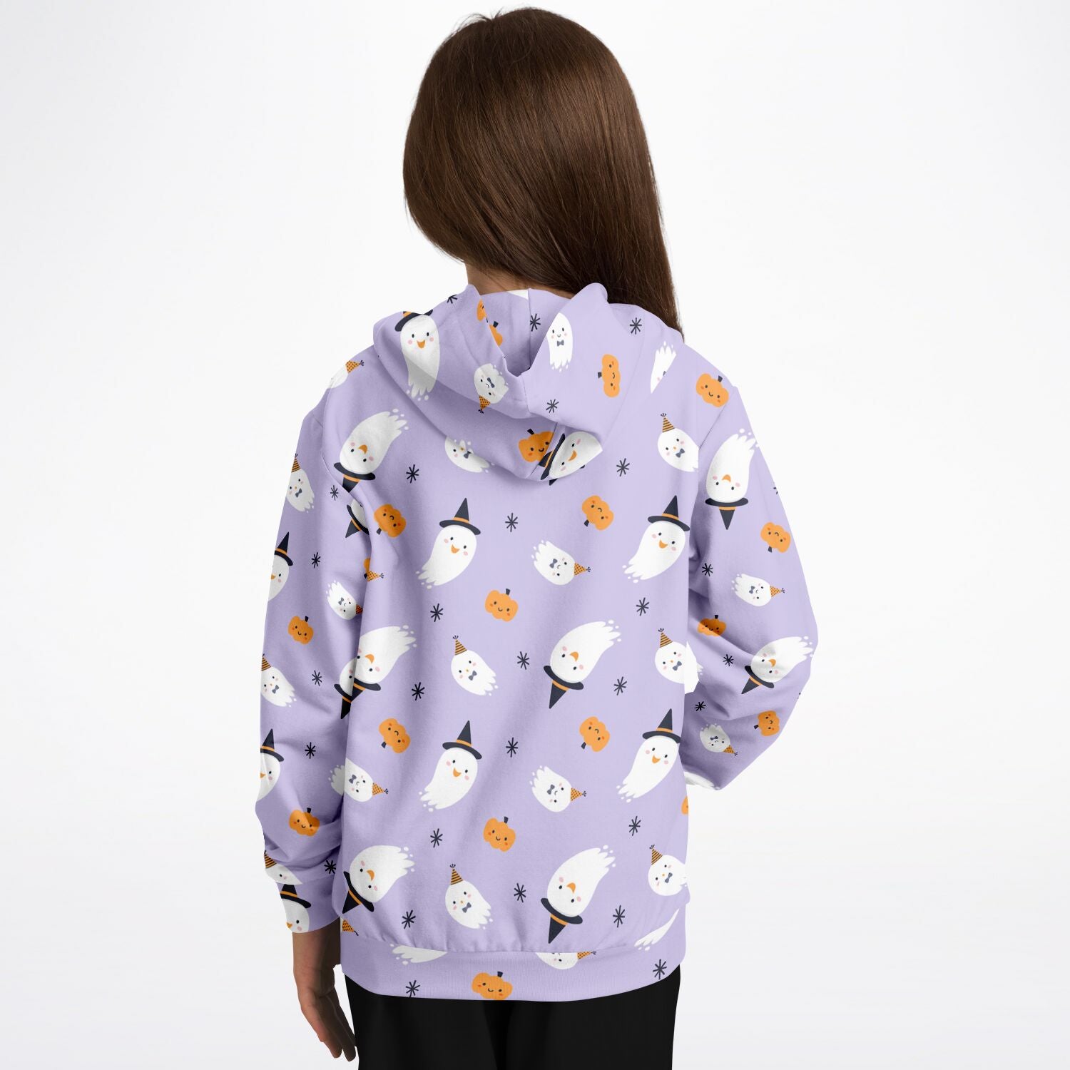 Girls witch ghost Halloween hoodie in lavender cotton fleece with white ghosts and orange pumpkins pattern