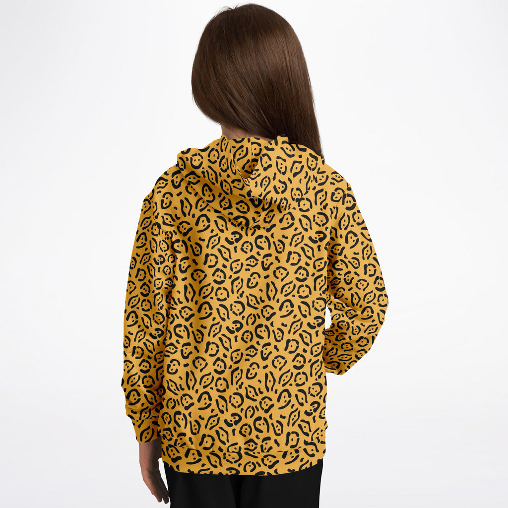 Girls Golden Yellow Leopard Print Hoodie – Ultra Comfy & Stretchy, Cozy Fleece or Lightweight Sports Fabric, Double-Layer Hood & Kangaroo Pocket