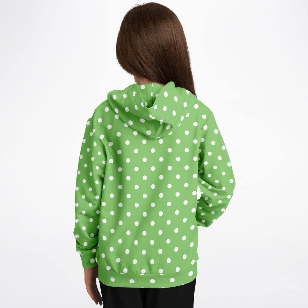 Kids Green Polka Dot Hoodie – Ultra Comfy & Stretchy, Cozy Fleece or Lightweight Sports Fabric, Double-Layer Hood & Kangaroo Pocket
