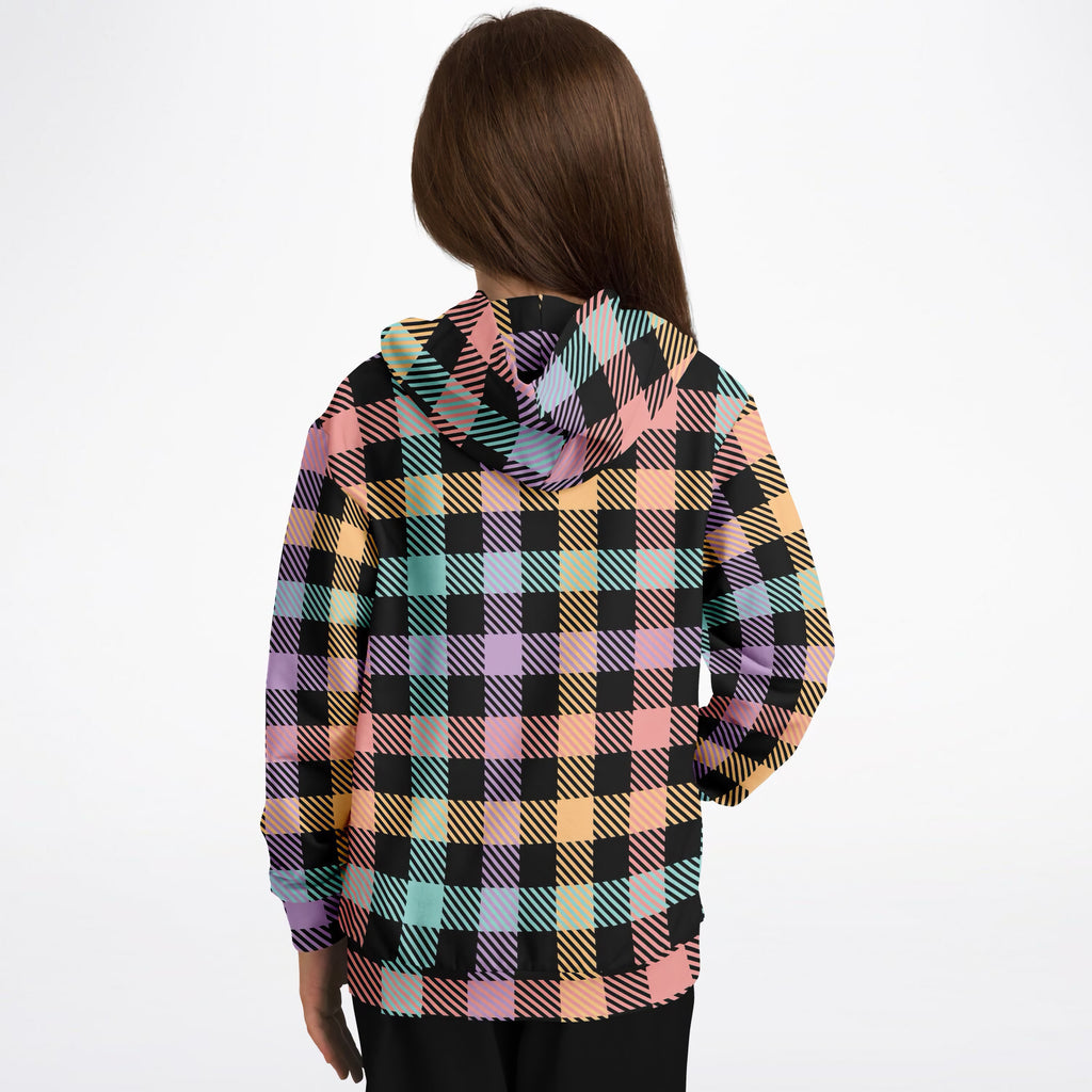Girls Colorful Black Pastel Plaid Hoodie – Ultra Comfy & Stretchy, Cozy Fleece or Lightweight Sports Fabric, Double-Layer Hood & Kangaroo Pocket