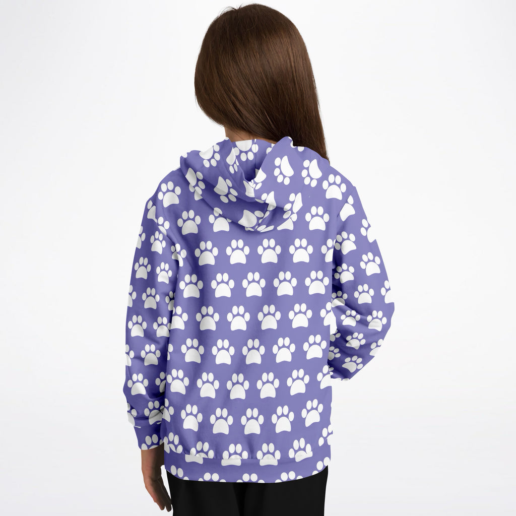 Girls Purple Paw Print Hoodie – Ultra Comfy & Stretchy, Cozy Fleece or Lightweight Sports Fabric, Double-Layer Hood & Kangaroo Pocket