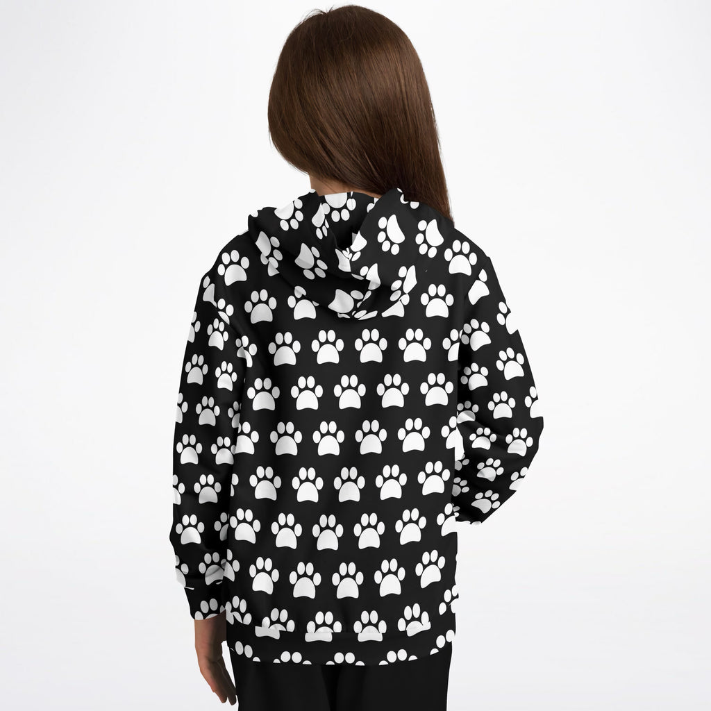 Kids Black Paw Print Hoodie – Ultra Comfy & Stretchy, Cozy Fleece or Lightweight Sports Fabric, Double-Layer Hood & Kangaroo Pocket