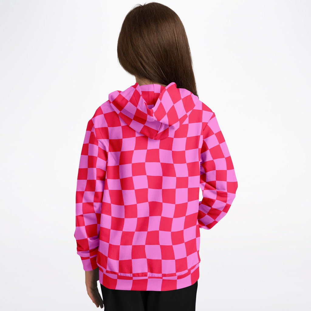 Girls Bright Pink Checkered Hoodie – Ultra Comfy & Stretchy, Cozy Fleece or Lightweight Sports Fabric, Double-Layer Hood & Kangaroo Pocket