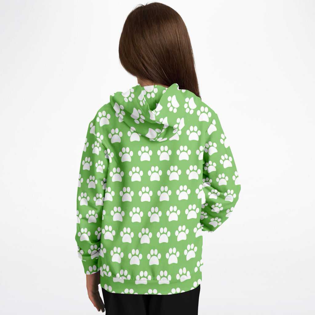 Kids Green Paw Print Hoodie – Ultra Comfy & Stretchy, Cozy Fleece or Lightweight Sports Fabric, Double-Layer Hood & Kangaroo Pocket