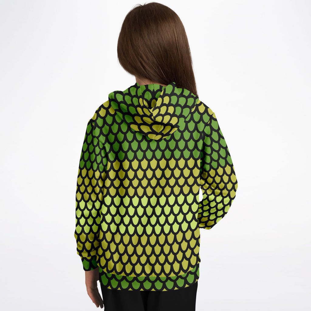 Kids Green Dragon Scales Hoodie – Ultra Comfy & Stretchy, Cozy Fleece or Lightweight Sports Fabric, Double-Layer Hood & Kangaroo Pocket