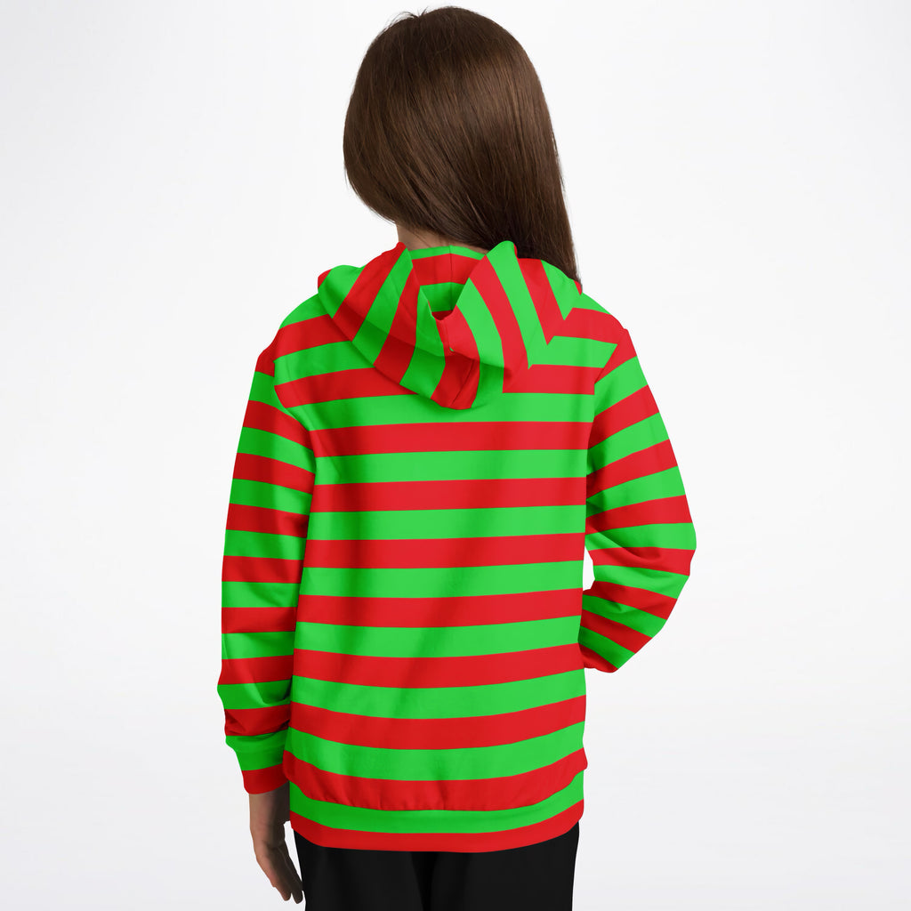 Kids Striped Red & Green Christmas Hoodie – Ultra Comfy & Stretchy, Cozy Fleece or Lightweight Sports Fabric, Double-Layer Hood & Kangaroo Pocket