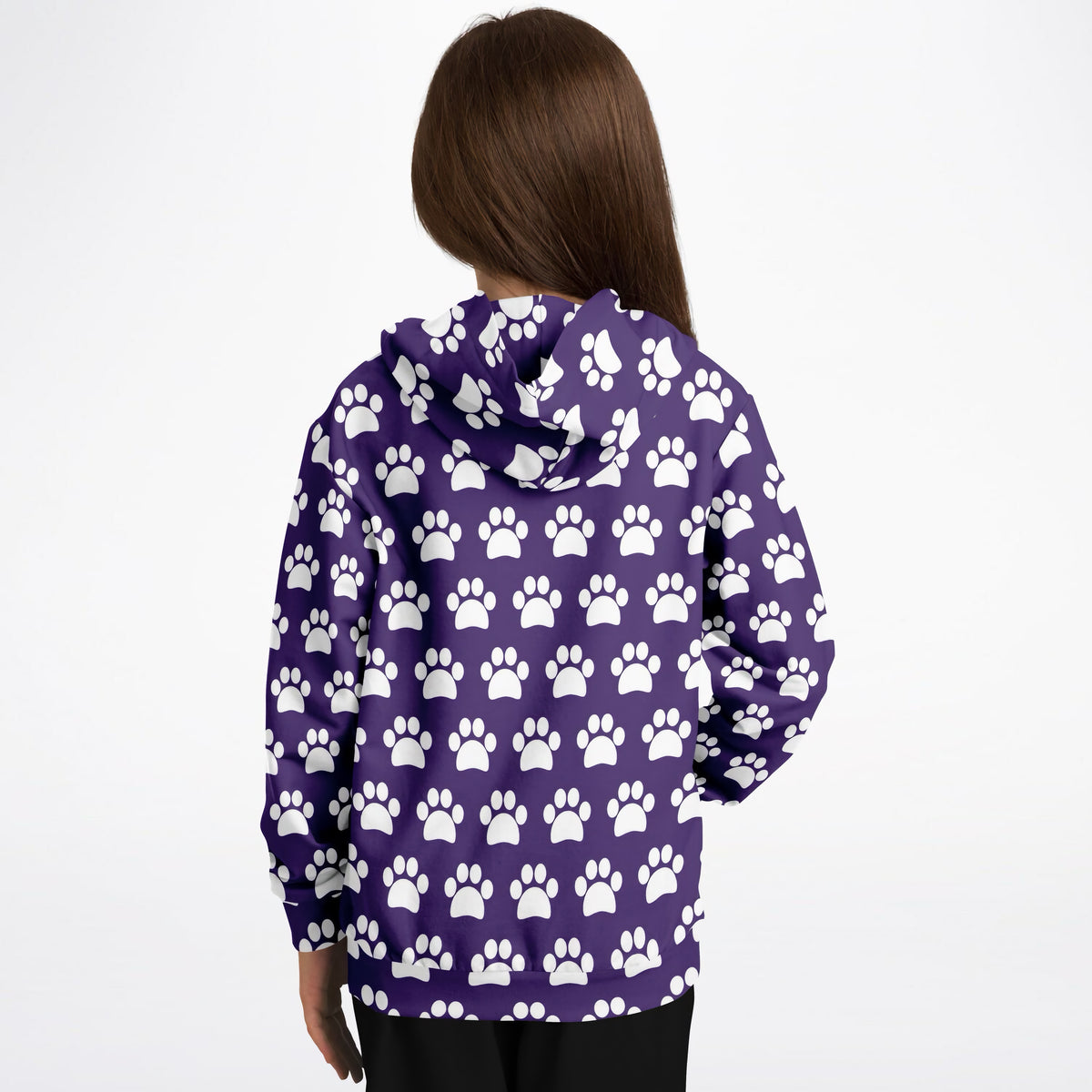 Girls Dark Purple Paw Print Hoodie – Ultra Comfy & Stretchy, Cozy Fleece or Lightweight Sports Fabric, Double-Layer Hood & Kangaroo Pocket