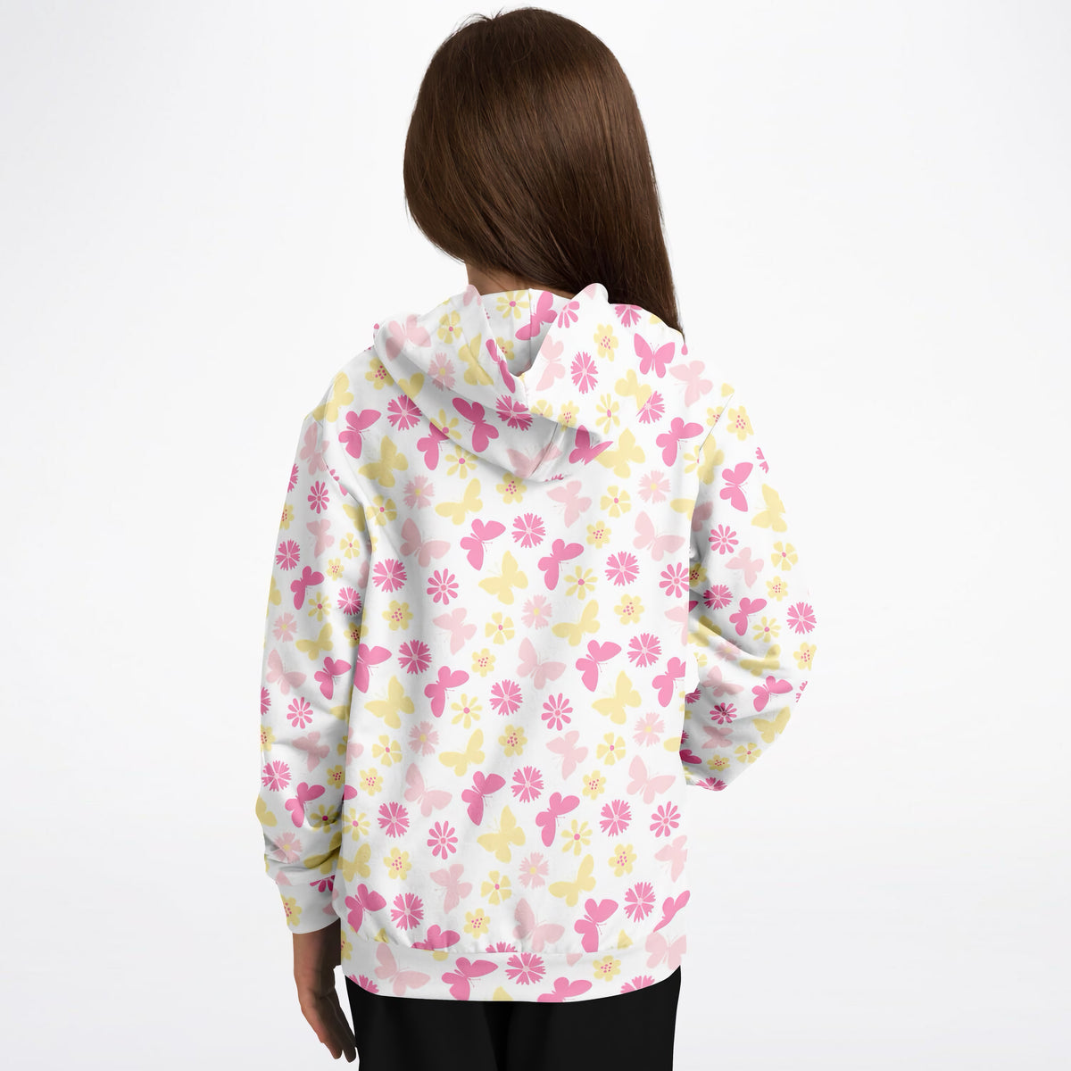 Girls Pink Butterfly & Daisy Hoodie – Ultra Comfy & Stretchy, Cozy Fleece or Lightweight Sports Fabric, Double-Layer Hood & Kangaroo Pocket