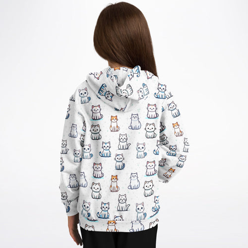 White hooded sweatshirt for girls with playful multicolor cartoon cat print made of cozy cotton fleece or lightweight sports fabric
