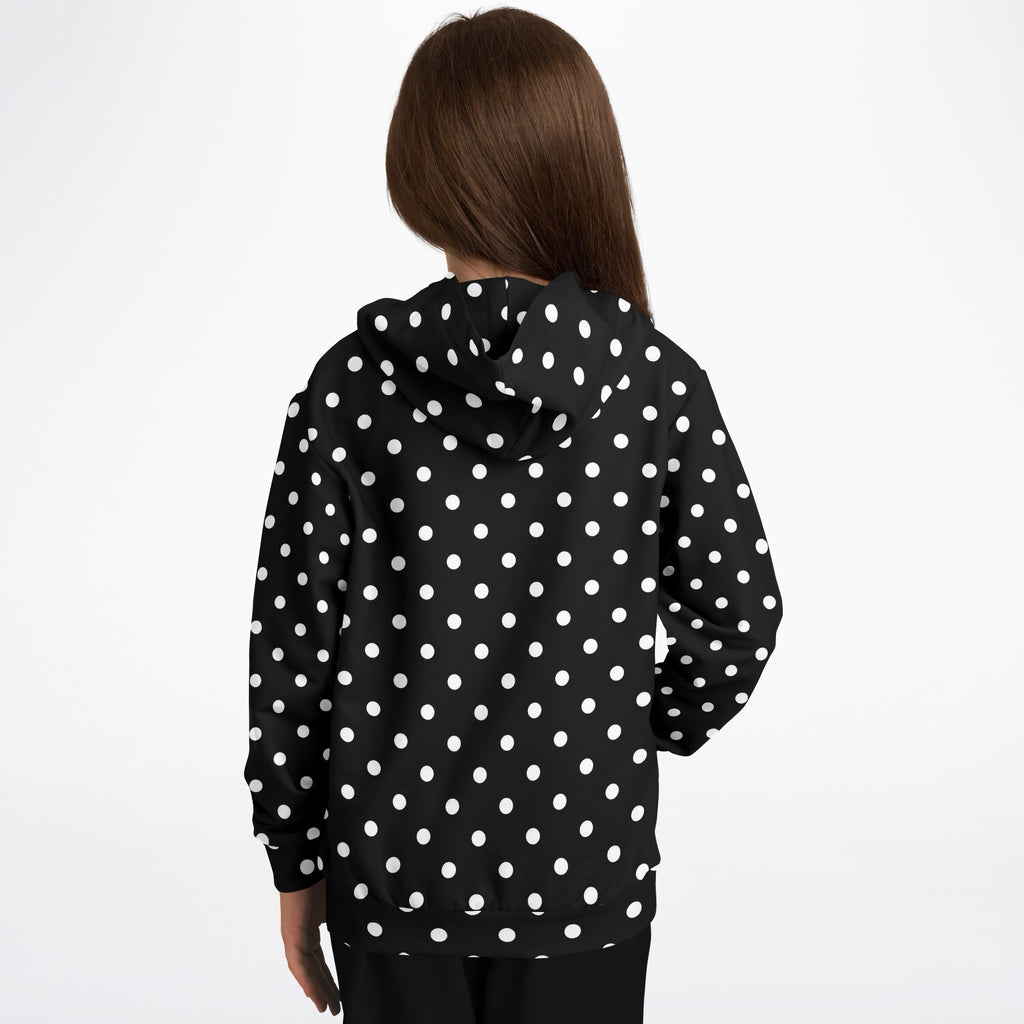 Kids Black Polka Dot Hoodie – Ultra Comfy & Stretchy, Cozy Fleece or Lightweight Sports Fabric, Double-Layer Hood & Kangaroo Pocket