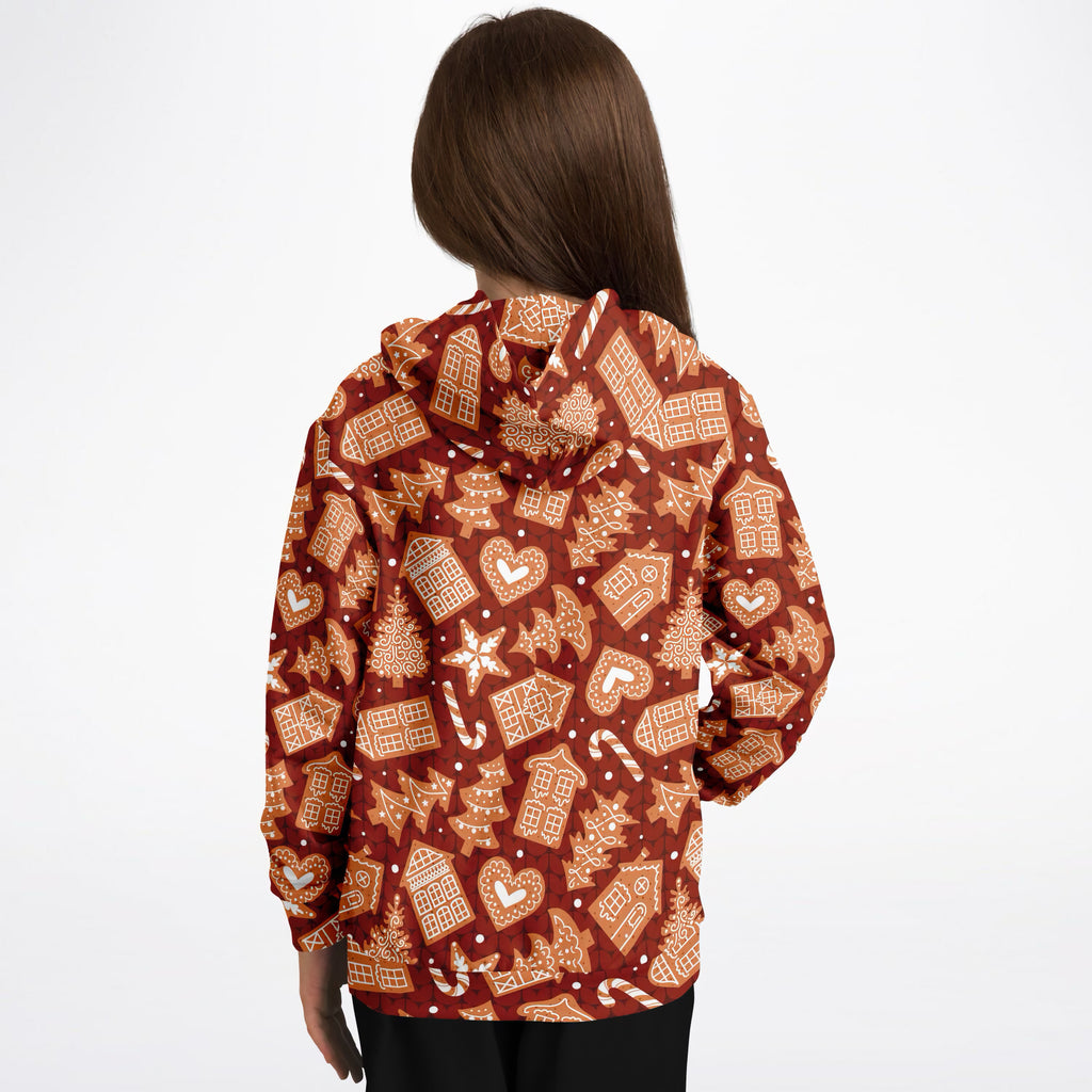 Kids Red Gingerbread Cookies Christmas Hoodie – Ultra Comfy & Stretchy, Cozy Fleece or Lightweight Sports Fabric, Double-Layer Hood & Kangaroo Pocket