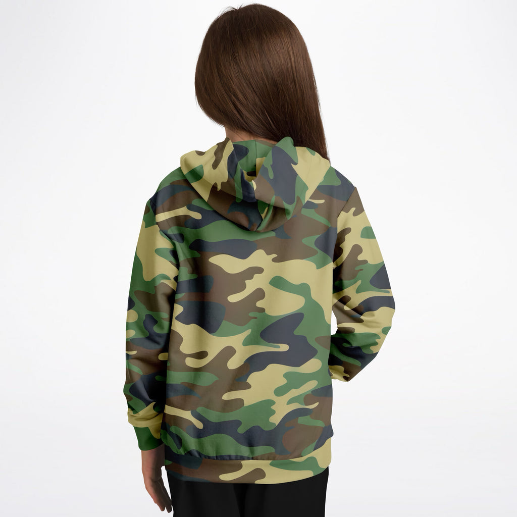 Kids Green Classic Woodland Camouflage Hoodie – Ultra Comfy & Stretchy, Cozy Fleece or Lightweight Sports Fabric, Double-Layer Hood & Kangaroo Pocket