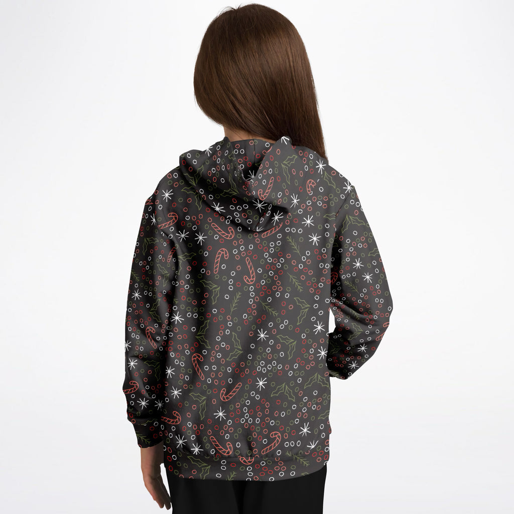 Kids Dark Brown Christmas Candy Cane Hoodie – Ultra Comfy & Stretchy, Cozy Fleece or Lightweight Sports Fabric, Double-Layer Hood & Kangaroo Pocket