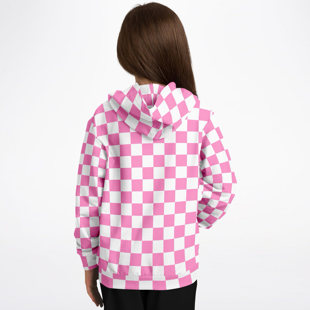 Girls Pink Checkered Hoodie – Ultra Comfy & Stretchy, Cozy Fleece or Lightweight Sports Fabric, Double-Layer Hood & Kangaroo Pocket