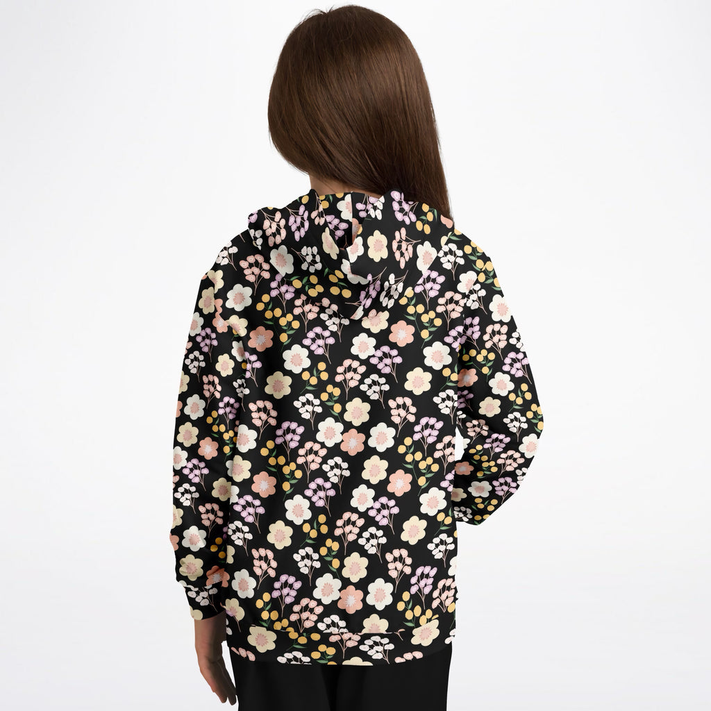Girls Black Floral Hoodie – Ultra Comfy & Stretchy, Cozy Fleece or Lightweight Sports Fabric, Double-Layer Hood & Kangaroo Pocket