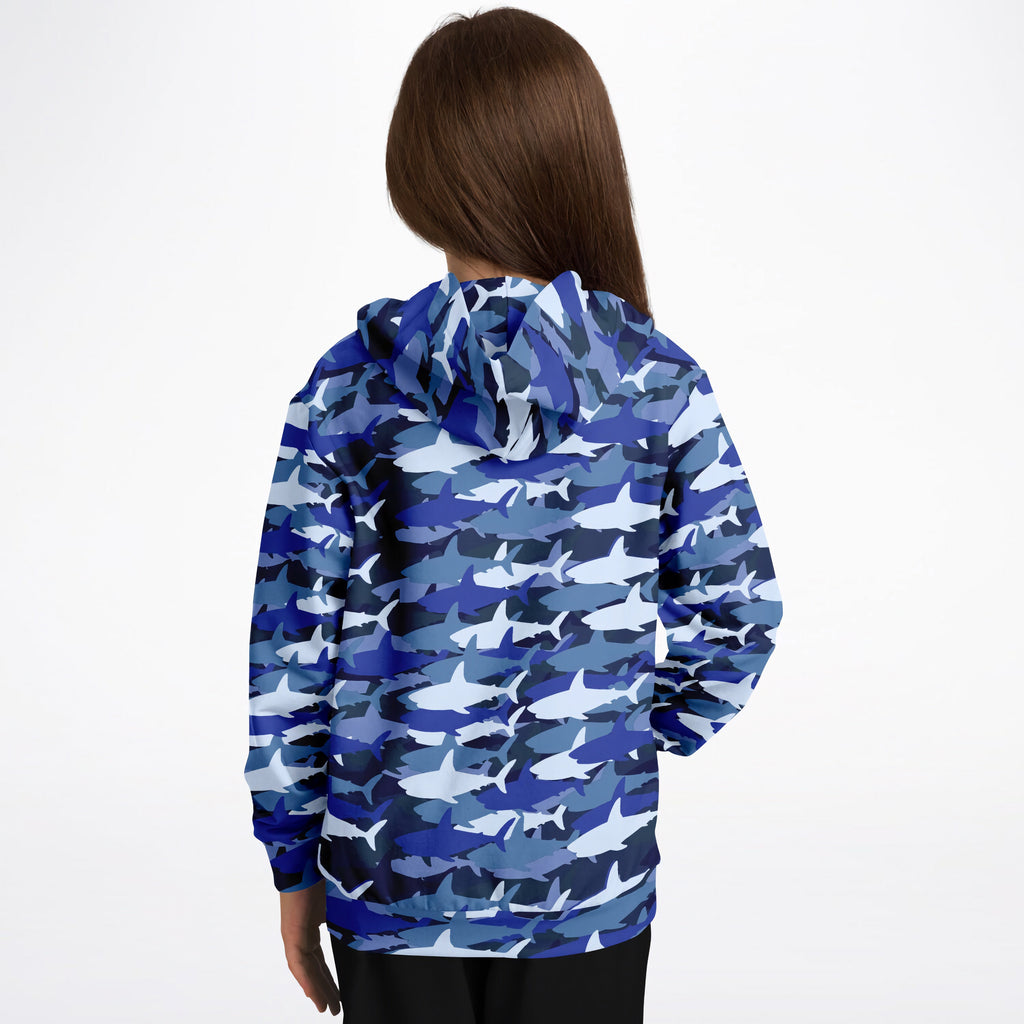Kids blue shark hoodie with hood features blue and white shark camouflage in cozy cotton fleece fabric