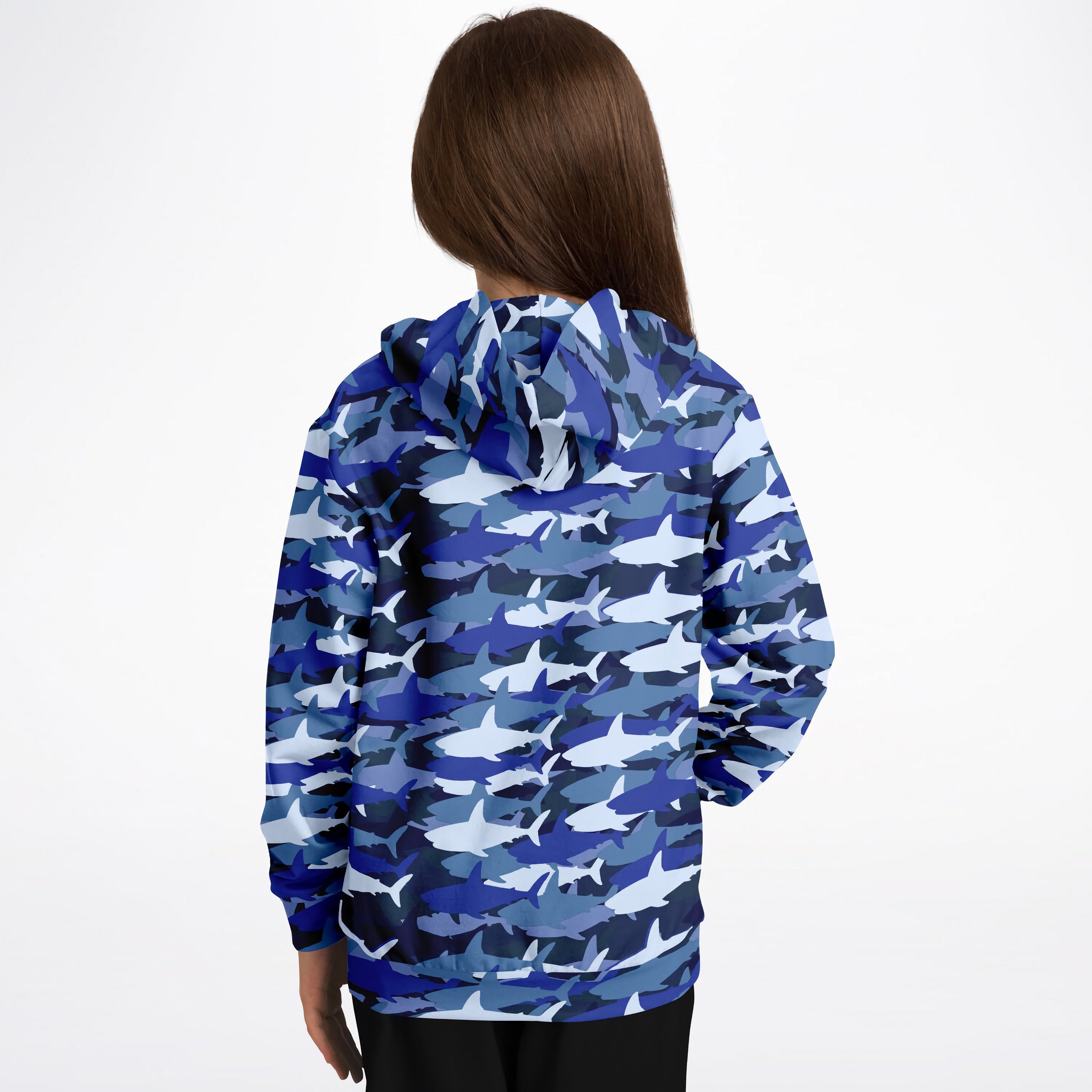 Kids blue shark hoodie with hood features blue and white shark camouflage in cozy cotton fleece fabric