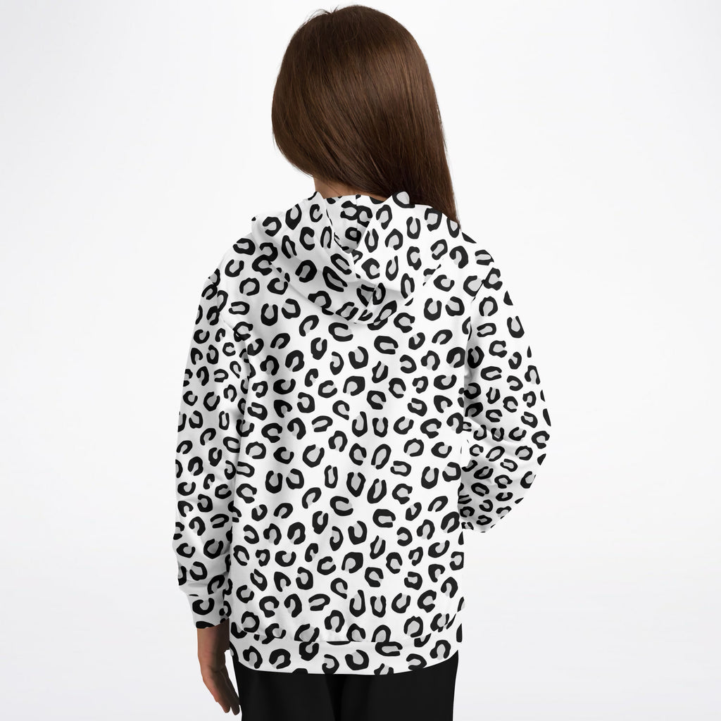 Kids Black & White Leopard Print Hoodie – Ultra Comfy & Stretchy, Cozy Fleece or Lightweight Sports Fabric, Double-Layer Hood & Kangaroo Pocket