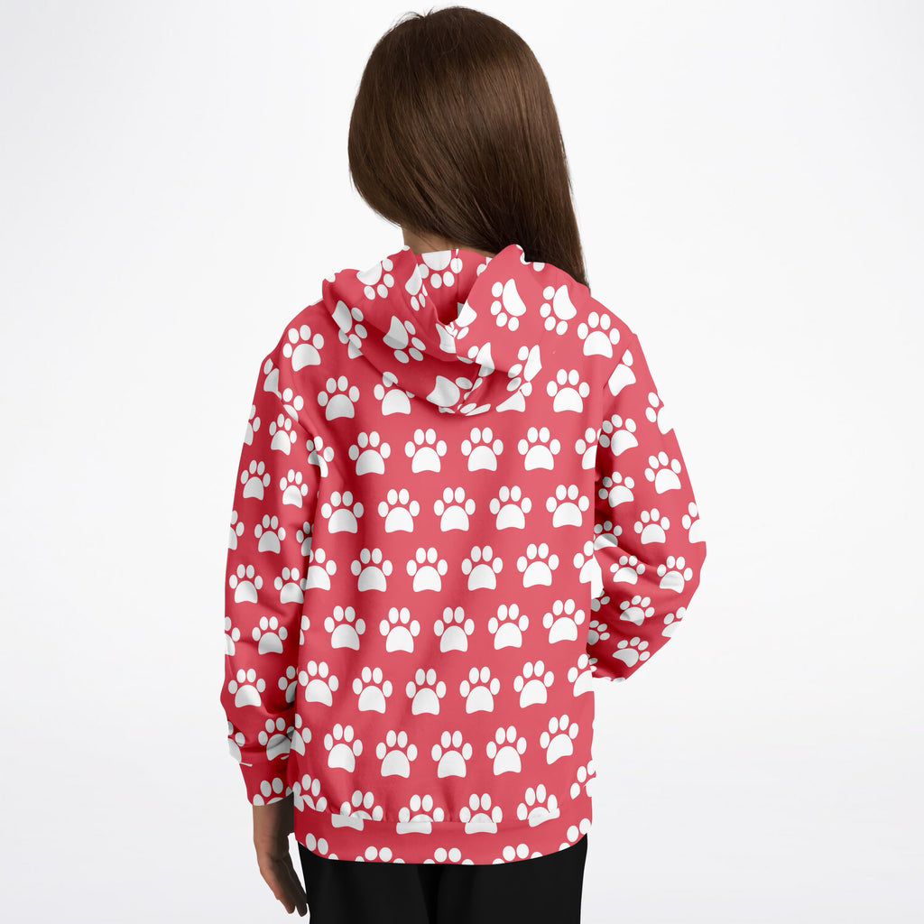 Girls Bright Pink Paw Print Hoodie – Ultra Comfy & Stretchy, Cozy Fleece or Lightweight Sports Fabric, Double-Layer Hood & Kangaroo Pocket