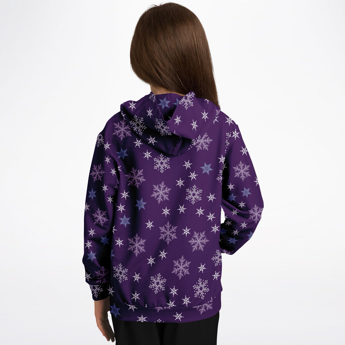 Kids Purple Snowflakes Christmas Hoodie – Ultra Comfy & Stretchy, Cozy Fleece or Lightweight Sports Fabric, Double-Layer Hood & Kangaroo Pocket