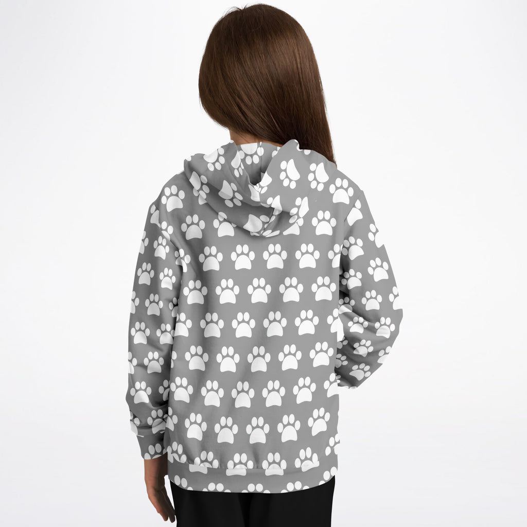 Kids Gray Paw Print Hoodie – Ultra Comfy & Stretchy, Cozy Fleece or Lightweight Sports Fabric, Double-Layer Hood & Kangaroo Pocket