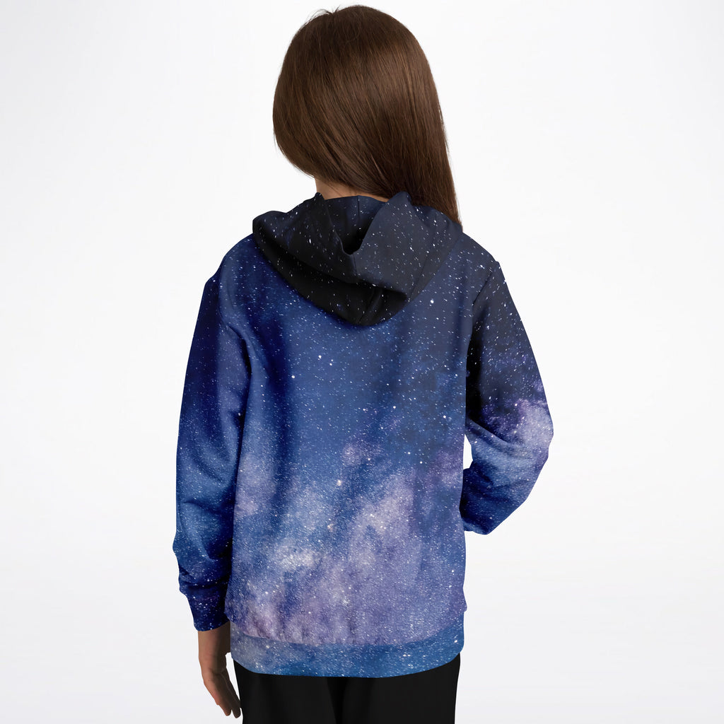Kids realistic galaxy hoodie in navy blue and purple with black interior hood made of cozy cotton fleece or lightweight fabric
