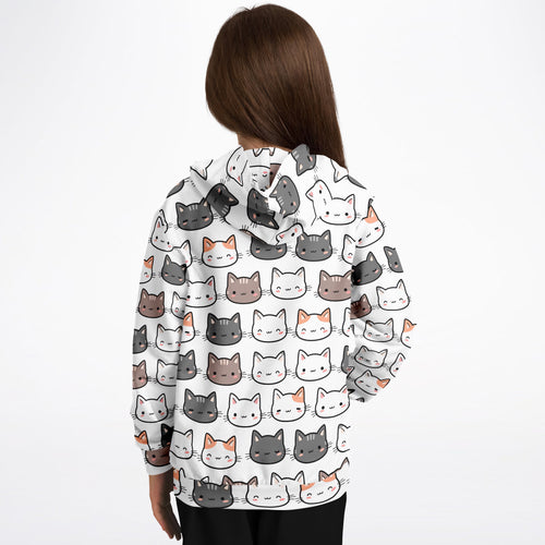 White girls cat hoodie with playful gray white and brown cartoon cats made of cozy cotton fleece or lightweight fabric