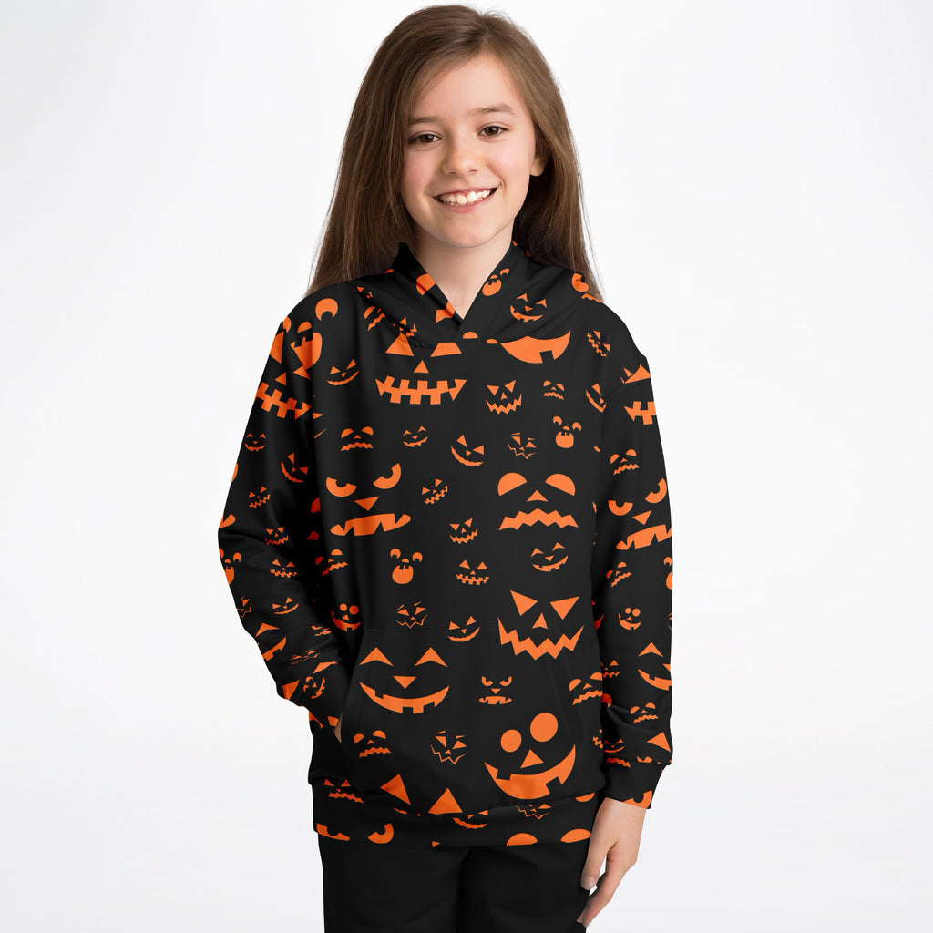 Kids orange jack-o-lantern halloween hoodie in black cotton fleece with bright orange pumpkin face prints