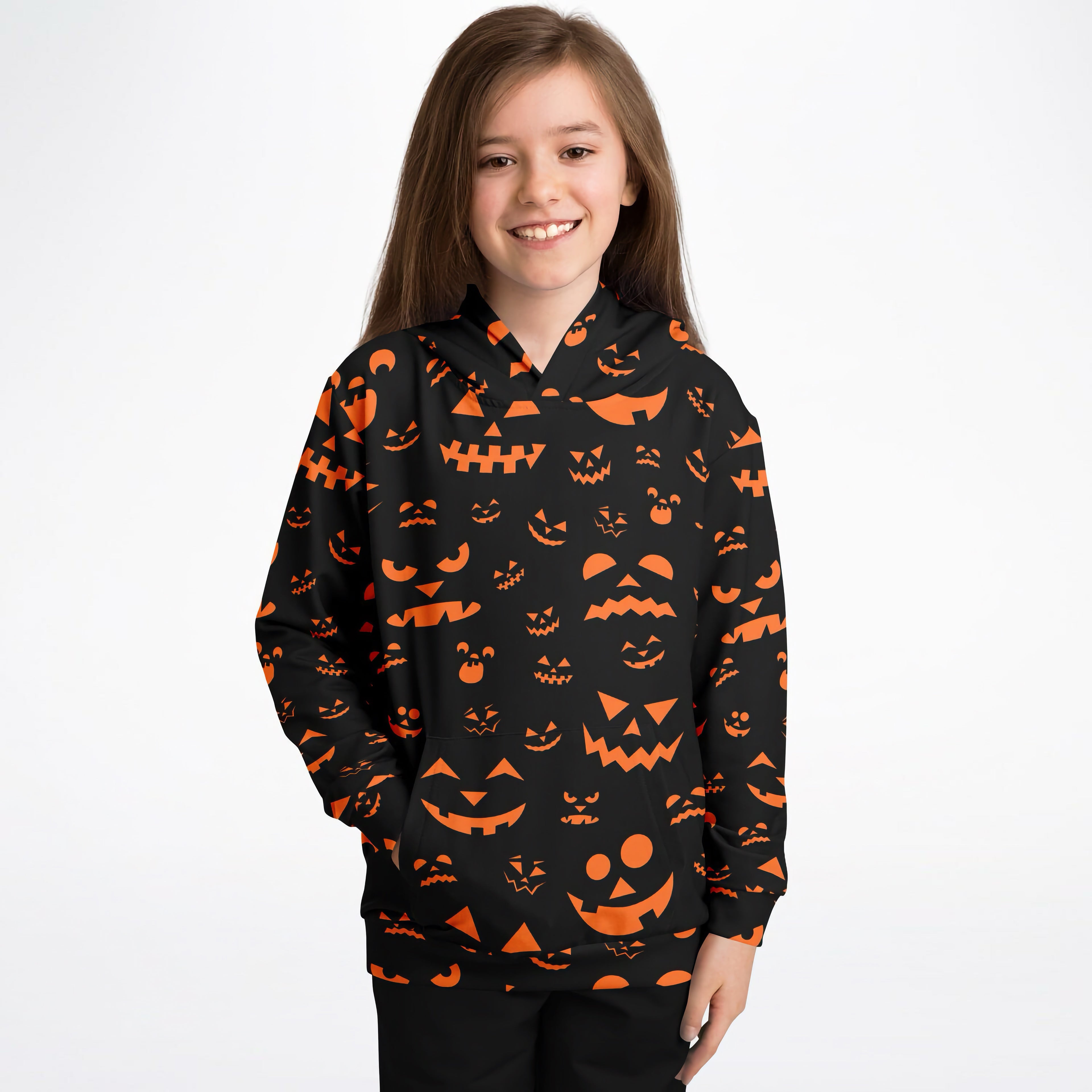 Kids orange jack-o-lantern halloween hoodie in black cotton fleece with bright orange pumpkin face prints