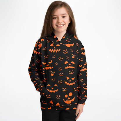 Kids Orange Jack-O’-Lantern Halloween Hoodie – Cozy Cotton Fleece or Lightweight Sports Fabric