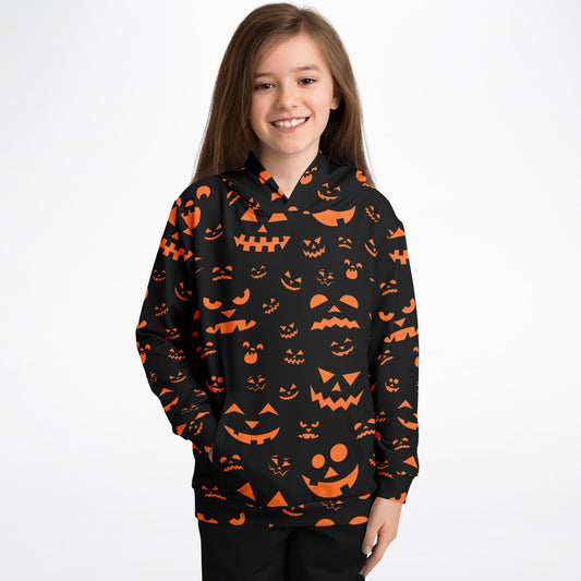 Kids Orange Jack-O’-Lantern Halloween Hoodie – Cozy Cotton Fleece or Lightweight Sports Fabric