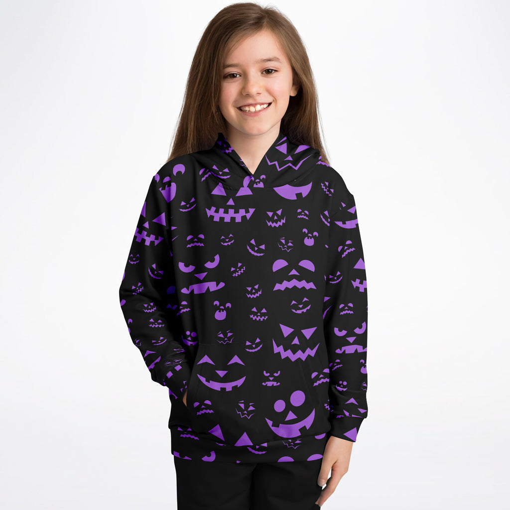 Kids purple jack-o-lantern halloween hoodie with black cotton fleece featuring purple pumpkin face prints