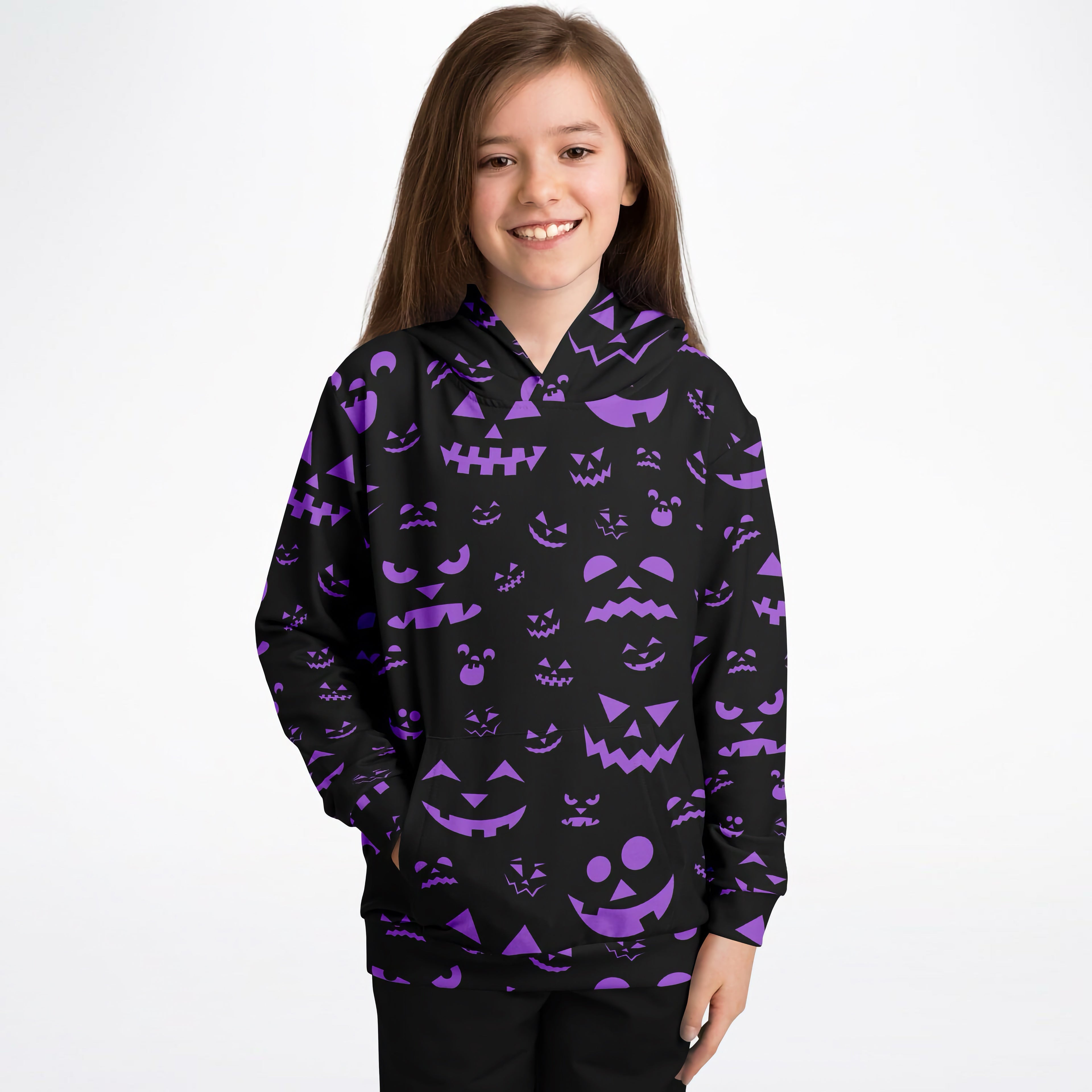Kids purple jack-o-lantern halloween hoodie with black cotton fleece featuring purple pumpkin face prints