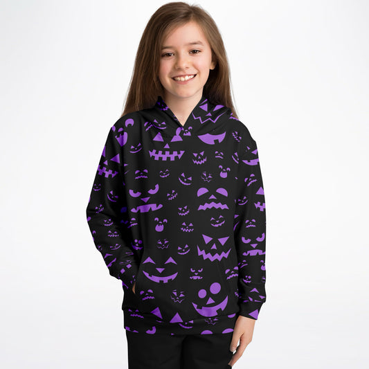 Kids Purple Jack-O’-Lantern Halloween Hoodie – Cozy Cotton Fleece or Lightweight Sports Fabric