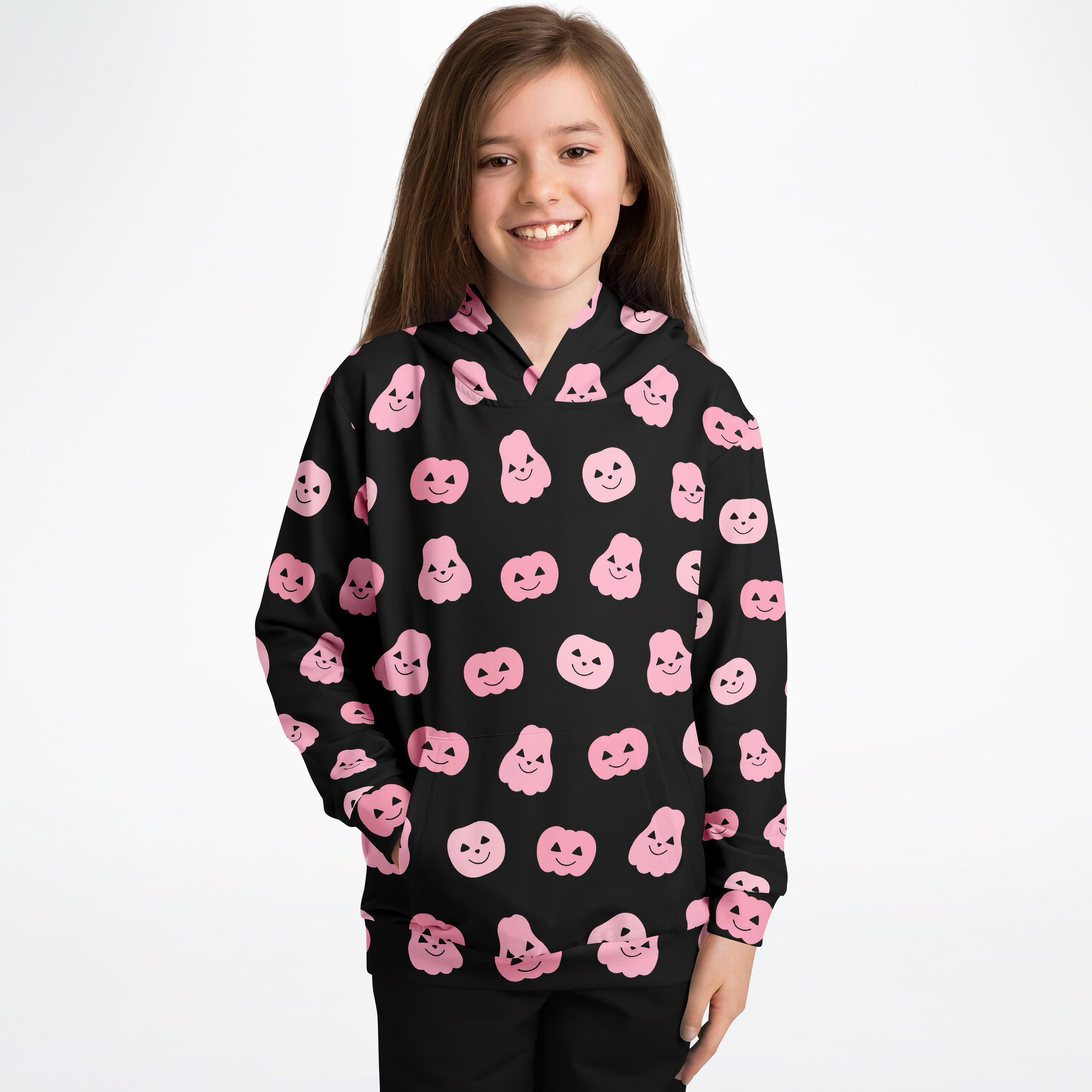 Girls pink pumpkins halloween hoodie in cozy cotton fleece with playful pink smiling pumpkins and ghosts pattern