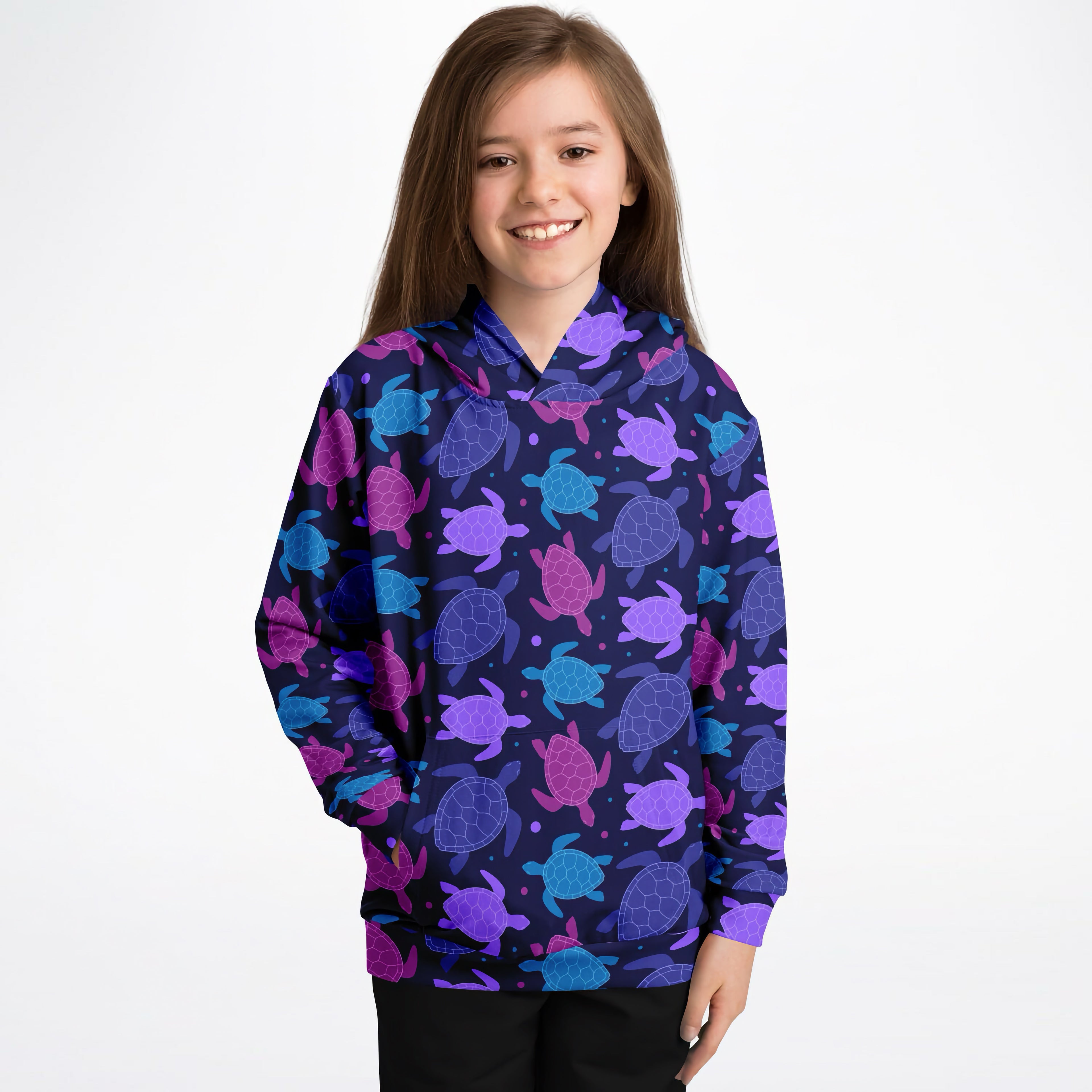 Girls Purple Turtle Hoodie – Cozy Cotton Fleece or Lightweight Sports Fabric