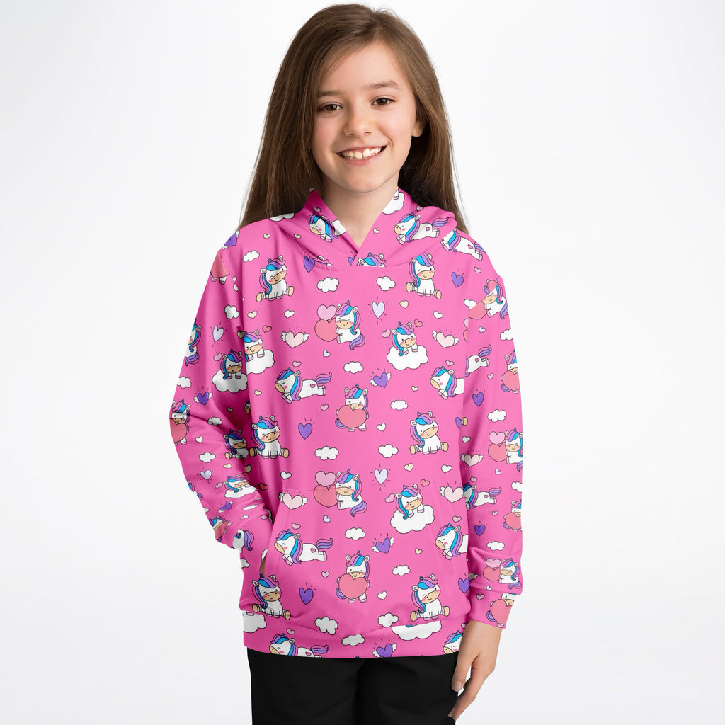 Girls purple unicorn hearts hoodie in soft cotton fleece with playful cartoon unicorns hearts and clouds pattern