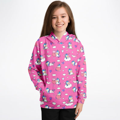 Girls purple unicorn hearts hoodie in soft cotton fleece with playful cartoon unicorns hearts and clouds pattern
